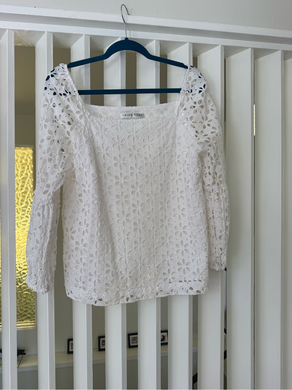 Trina Turk White Floral Eyelet Square-Neck Blouse